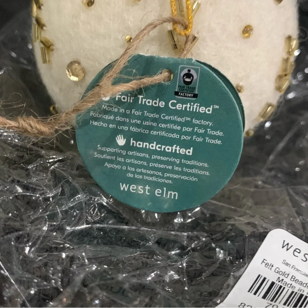 West Elm Beaded Felt Gold Beaded Christmas Ornament Ball White NWT Lot of 3